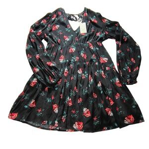 A New Day Black Floral Long‎ Sleeve Tiered Mini Dress Women's Medium pockets NWT